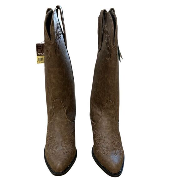 Roper COWBOY BOOT TAN ANTIQUED FAUX LEATHER WITH SCROLL EMBROIDERY, Size 9, NWT - Picture 3 of 14